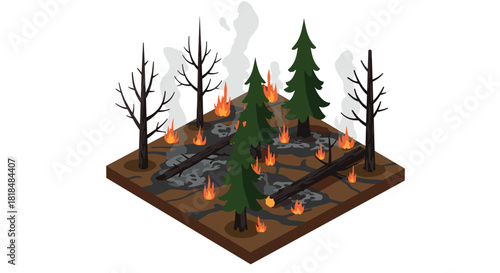 Isometric forest fire scene with burning trees and smoke on brown ground