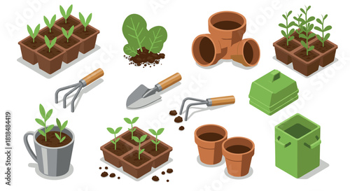 Isometric gardening tools and seedlings set for home planting projects