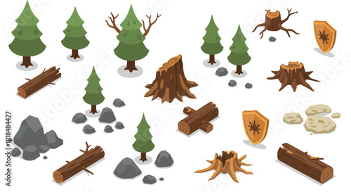 Isometric forest elements with trees, rocks, and wooden shields for gaming