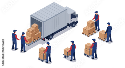Isometric logistics crew loading and unloading truck for efficient delivery solutions