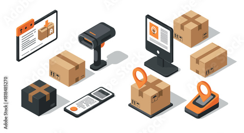 Isometric package delivery technology with boxes and tracking devices