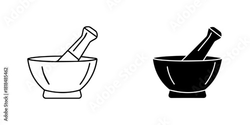 Two mortar and pestle icons, one in black outline and one in solid black isolated on