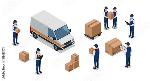Delivery team unloading boxes from truck in isometric style with workers and packages