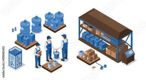 Industrial warehouse isometric design with workers and equipment