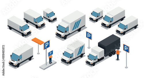 Isometric delivery vans and trucks in parking area with signs