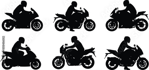Six Silhouettes of Motorcycles and Riders on White Background motorbike sport