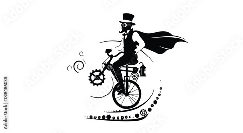 Victorian gentleman with top hat and cape rides a steampunk bicycle with gears and smoke