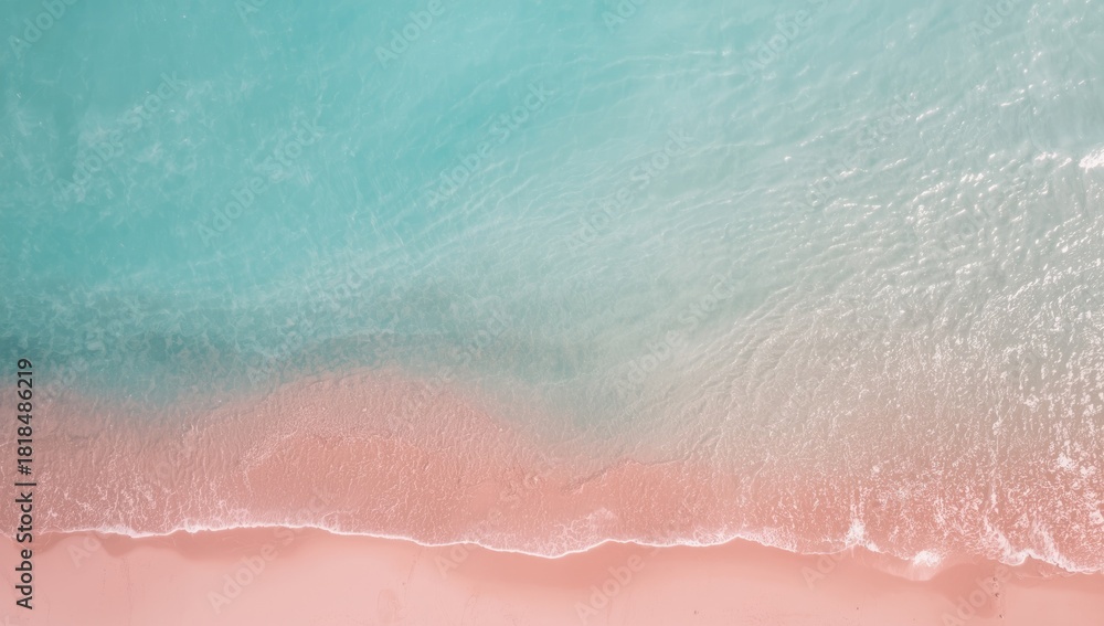 Fototapeta premium Aerial view of a pink beach with gentle sunlight and waves, ideal for background layouts, Earth Day