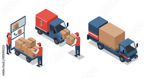 Isometric delivery trucks and workers handling packages in warehouse