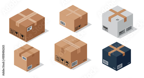Isometric cardboard boxes with shipping symbols and labels in varied colors