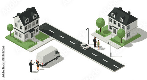 Isometric neighborhood scene with houses, street, and people