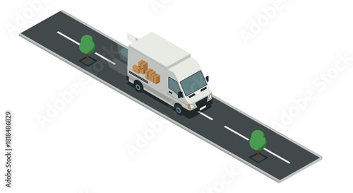 Isometric delivery truck on road with boxes and trees