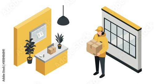 Isometric office and delivery scene with plants and worker in yellow jacket