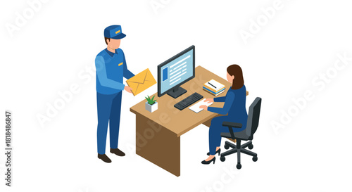 Office communication concept with mailman delivering to desk in isometric style
