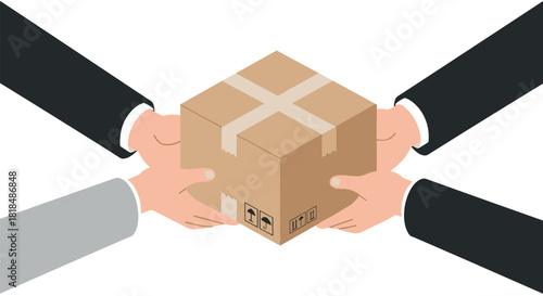 Collaborative delivery concept with hands holding package in isometric style