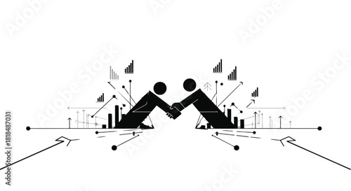 Two silhouetted figures shake hands amidst abstract data and growth charts, symbolizing successful collaboration and partnership.