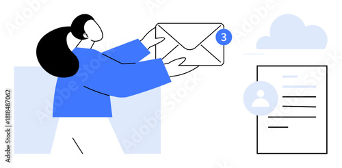 Woman holding envelope with unread email notification, user profile document, and cloud icon. Ideal for communication, messaging, email management, notifications, digital tools, online services