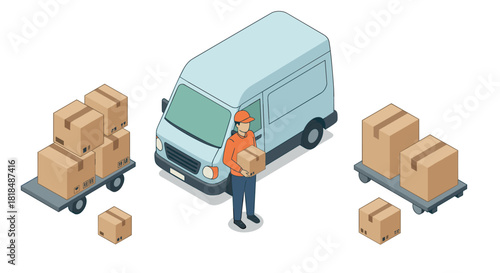 Isometric delivery scene with van, worker, and cartons on white background