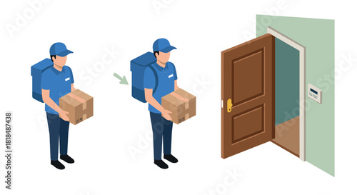 Isometric parcel delivery concept with delivery person entering doorway