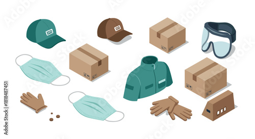 Isometric safety equipment and shipping boxes collection on white background