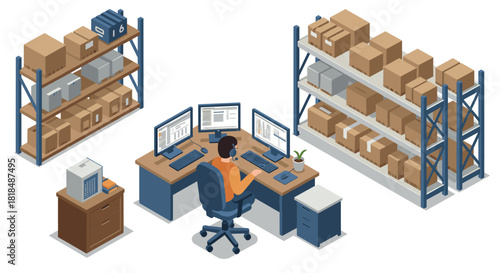 Isometric warehouse management with office computer setup and storage shelves