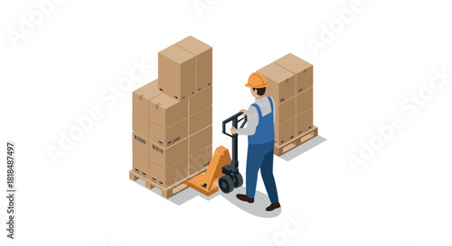 Worker using hand pallet jack to move boxes in warehouse