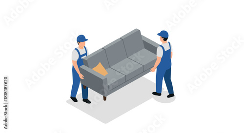 Isometric workers carrying a modern sofa in uniform