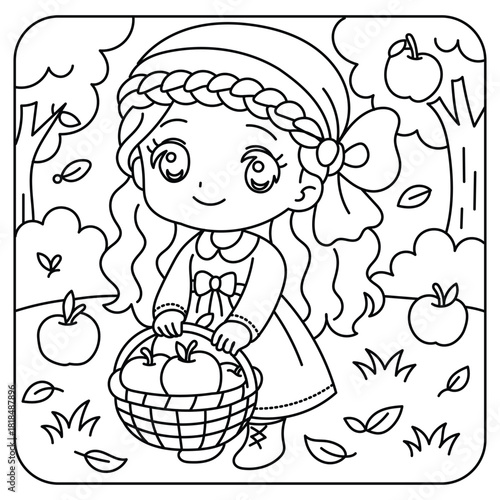 Cute Girl Picking Apples in Orchard – Coloring Page