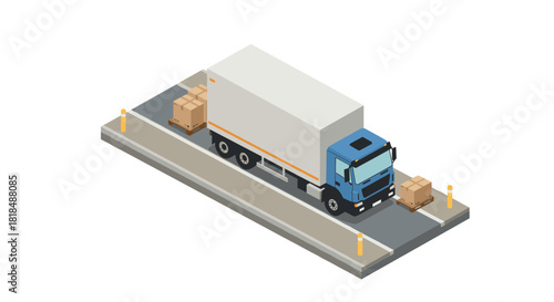Isometric delivery truck with cargo boxes on roadway