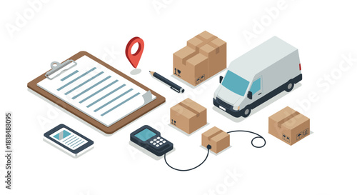 Isometric logistics and delivery concept with clipboard, van, and packages
