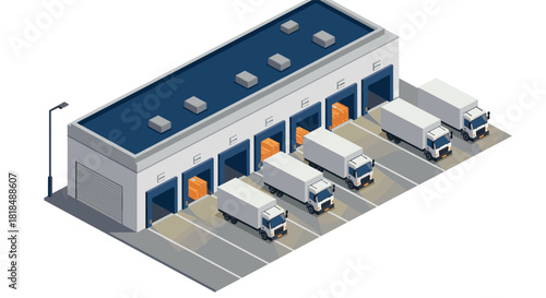 Modern warehouse logistics with delivery trucks and loading docks isometric view