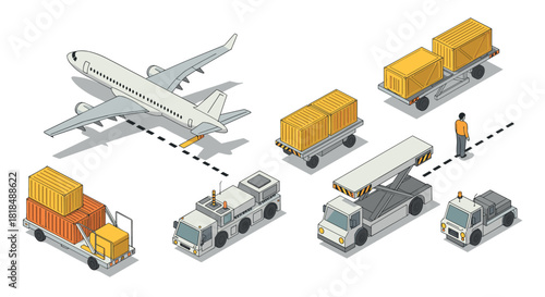 Air cargo logistics with isometric airplane and ground support vehicles