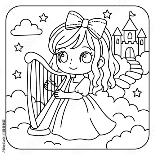 Cute Girl Playing Harp in a Fantasy Castle Scene – Coloring Page