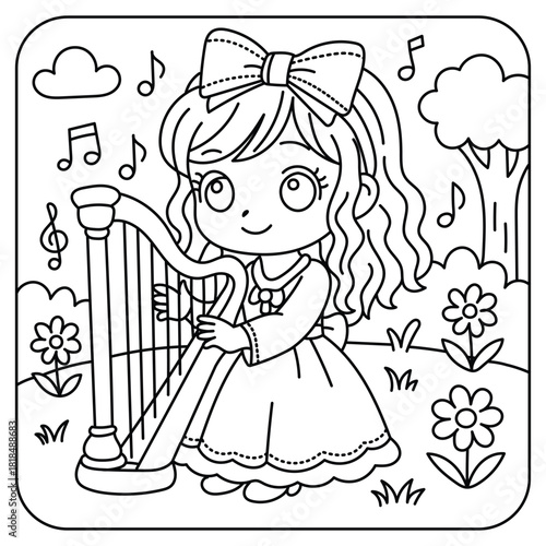 Cute Girl Playing Harp in a Garden – Coloring Page