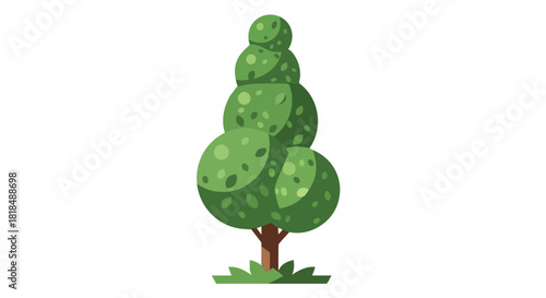 Stylized green topiary tree with stacked rounded forms and earthy tones for botanical illustration,  ideal for children's books or nature-themed decor
