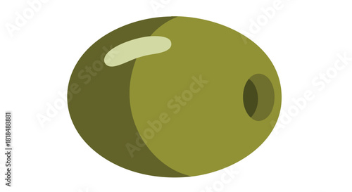 Simple and stylized illustration of a green olive with a pit on a plain white backdrop, minimalist design, healthy food representation
