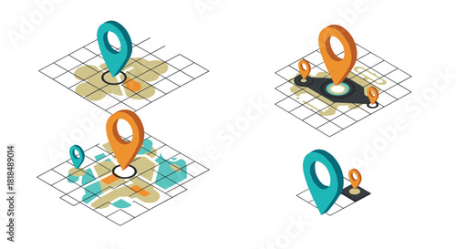 Isometric location pins on gridded maps for navigation and logistics