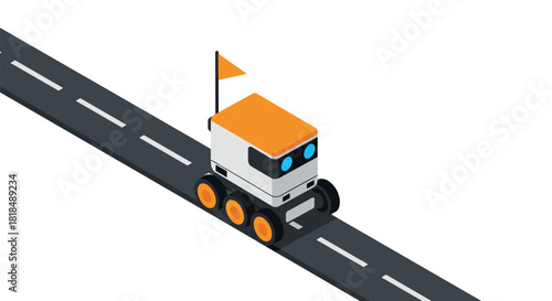 Isometric delivery robot on road with orange accents and flag