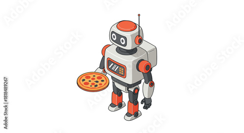 Friendly robot holding pizza in isometric style for futuristic technology concepts