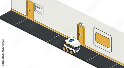 Autonomous delivery robot navigating indoor corridor in isometric style