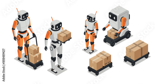 Autonomous delivery robots handling packages in isometric design