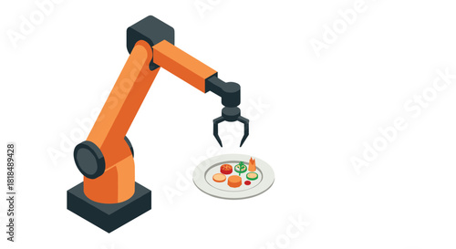 Robotic arm plating gourmet dish in isometric style on white background
