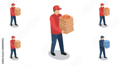 Isometric men delivering pizza in uniforms with stack of boxes