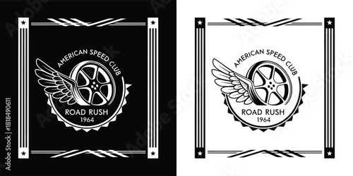 American speed club emblem with winged wheel and decorative border, presented in both black and white versions