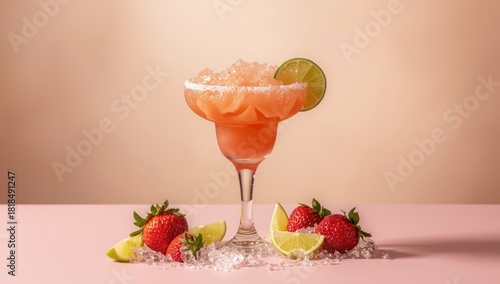 Mixed cocktails and summer drinks served in margarita glasses with strawberries and limes, emphasizing refreshment and seasonal enjoyment