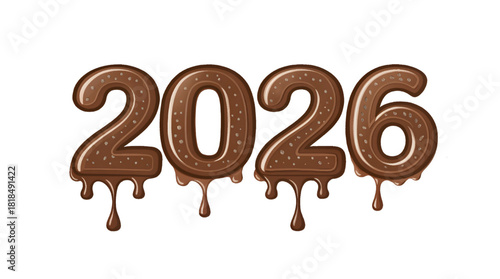 Chocolate styled 2026 numbers dripping with icing for holiday dessert and New Year themes