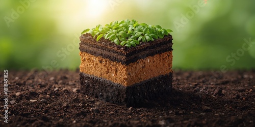 Soil cross section with organic fertilizer application, used as background for planting preparation and soil health analysis