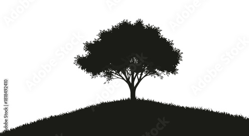 Silhouette of a solitary tree on a grassy hill, a minimalist and peaceful black and white illustration capturing nature's simple elegance
