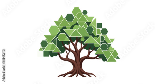 Geometric arboreal structure composed of various forms arranged in a stylized manner generating the foliage effect with distinct vector graphical