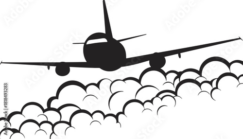 Silhouette of airplane flying above clouds in a black and white image